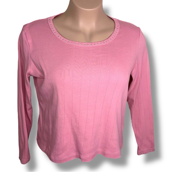 XL Villager Liz Claiborne Pink Ribbed Studded Ribbed Long Sleeve Shirt Stretch - Picture 1 of 14